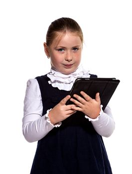 The little girl with the tablet on a white background