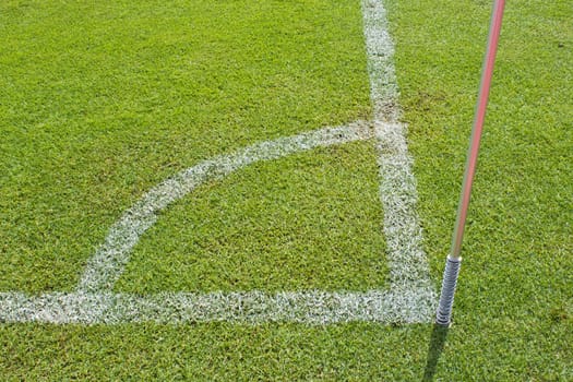 Corner of a football (soccer) field is made from synthetic lawn