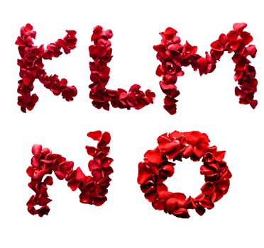 Alphabet letter K - O made from red petals rose isolated on a white background