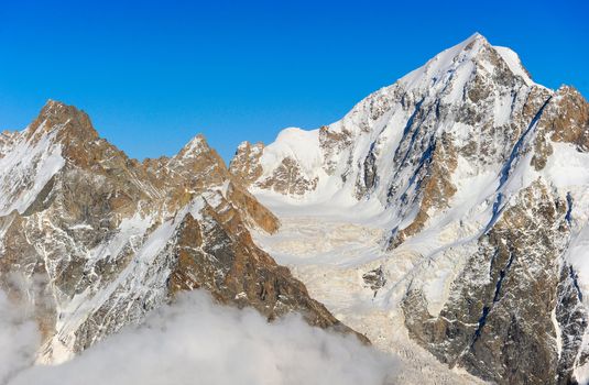 Nature and mountaineering. View on height mountains peak