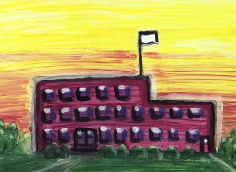 Large school building with blank flag in tempera paint