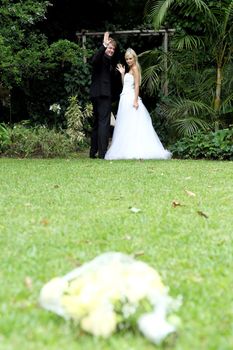 Lovely young smiling couple on their wedding day