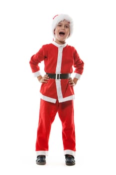 Boy dressed as Santa Claus isolated on white background