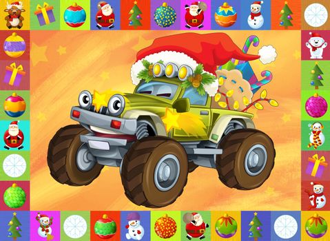 Two important children subjects - cars and christma - beautiful illustration for the children with many different elements