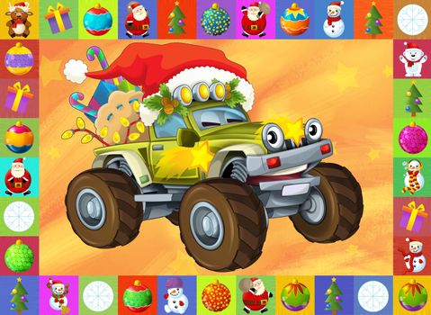 Two important children subjects - cars and christma - beautiful illustration for the children with many different elements