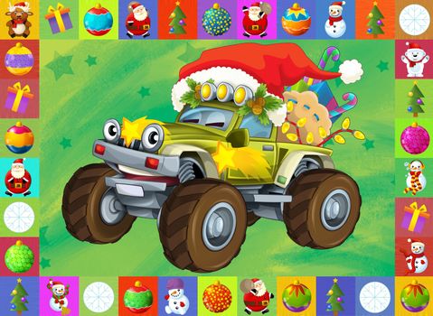 Two important children subjects - cars and christma - beautiful illustration for the children with many different elements