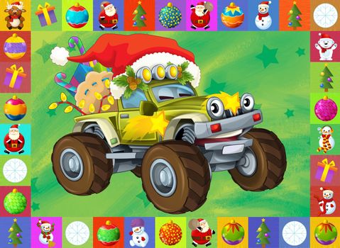 Two important children subjects - cars and christma - beautiful illustration for the children with many different elements