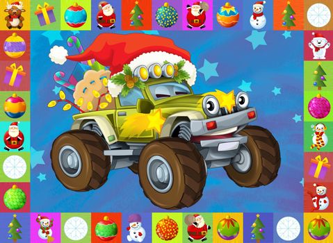 Two important children subjects - cars and christma - beautiful illustration for the children with many different elements