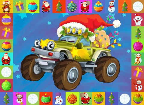 Two important children subjects - cars and christma - beautiful illustration for the children with many different elements