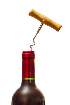 bottle of wine with corkscrew  on white background 