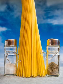 Puppets of dishes for spices cooked spaghetti with ketchup