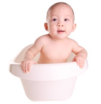 baby boy, asian Cute baby boy  having bath in tub