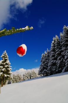 a red bauble in a winter landscape