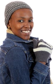 Lovely smiling African lady in woolen winter wear