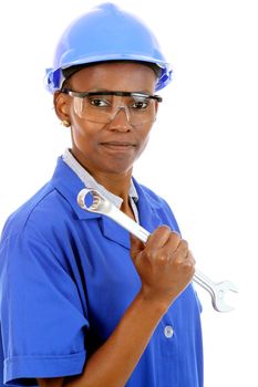 African ethnic lady with spanner and protective glasses and hat