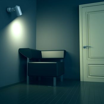 Dark interior with door and sofa and light from electric lamp