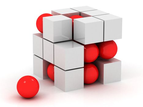 white cube and red sphere assembling from blocks
