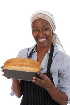 Happy smiling African woman with a freshly baked loaf of bread