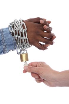 Hand of caucasian woman freeing bound hands of African black woman