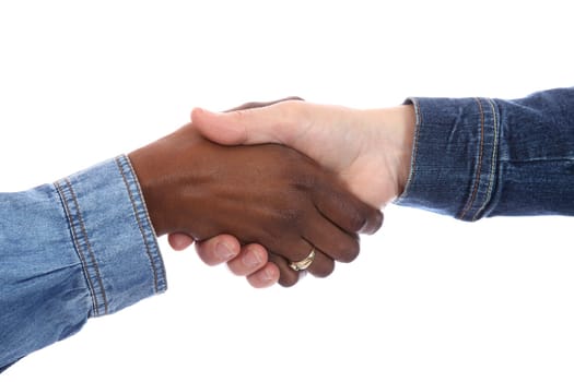 Handshake between two women of different races