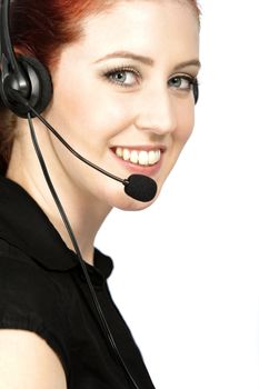 Professional woman talking on a headset in her office at work. With white background