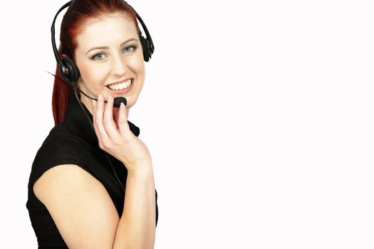 Professional woman talking on a headset in her office at work. With white background