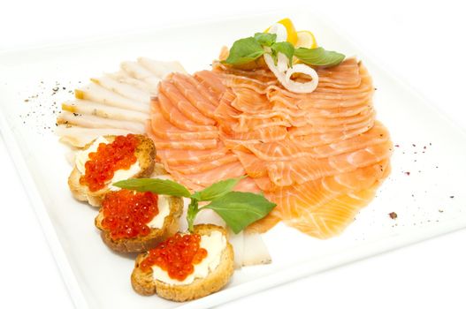sandwiches with caviar and sliced fish on a white plate