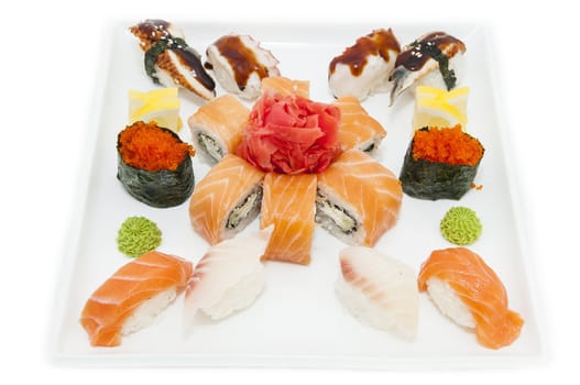 Japanese sushi fish and seafood on white background