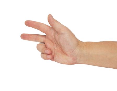 A hand holding up the peace sign or number two with two fingers isolated over white. 