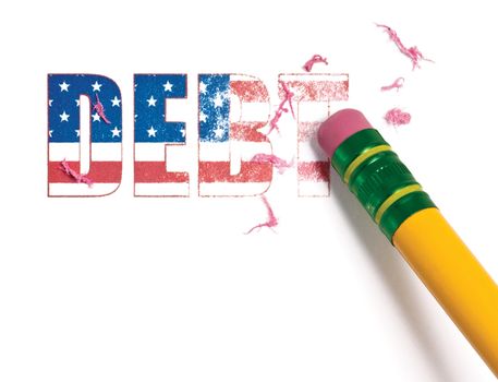 Close up of a pencil erasing the word, 'debt' filled with the United States flag.  Isolated on white.