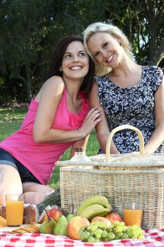 Two beautiful young lady friends enjoying a picnic together on a green lawn
