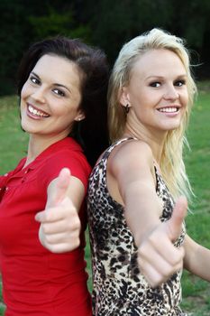 Lovely smiling brunette and blonde women showing thumbs up gesture
