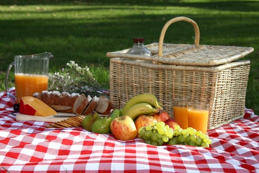 Sumptuous picnic spread out on a red and white checked cloth with wicker basket