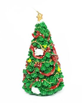Image of Christmas fir tree decorated with red and golden toy balls 