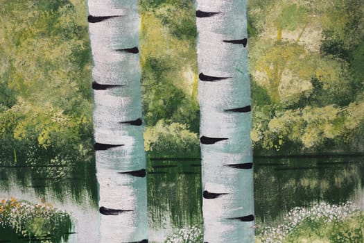 Close up of the birch trunk located on a birchwood background 