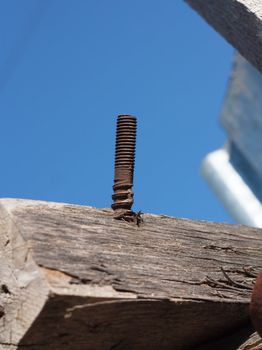 Rusty nail in obsolete wood plank