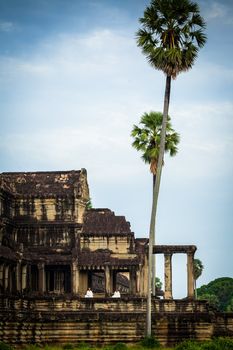 SIEM REAP, CAMBODIA - CIRCA JUNE 2012: unidentified nuns meditate in the quiet morning of Angkor Wat at sunrise circa June 2012 in SIEM REAP, CAMBODIA.