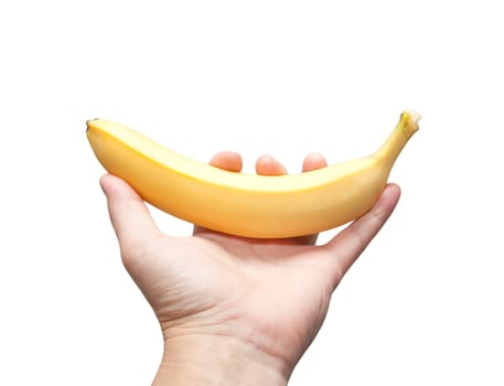 Ripe banana in the hand on white background 