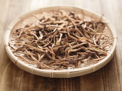 close up of a basket of dried daylily on table