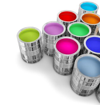cans with colorful paints for painting walls in new house
