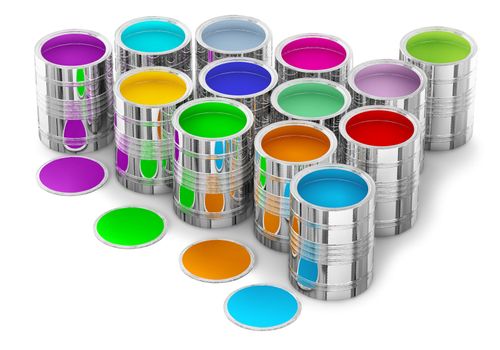 colorful paints in the cans for painting walls in new house