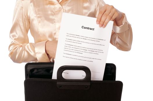 Businesswoman taking out from a suitcase contract for new employees