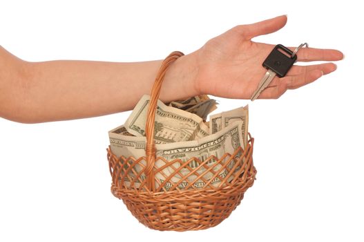 businesswoman owns the basket with dollars for stable business