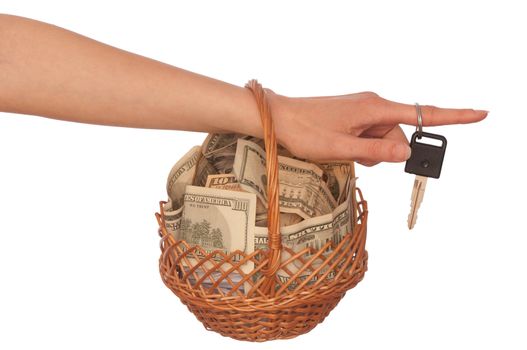 businesswoman owns the basket with dollars for stable business