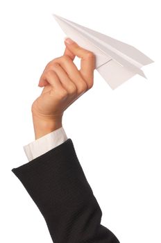 Businesswoman throwing white paper plane on the break