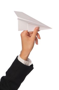 Businesswoman throwing white paper plane on the break