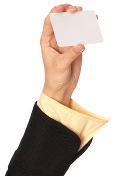 businesswoman showing her business card to the partners