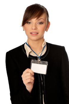 woman showing her badge at the entrance of meeting room