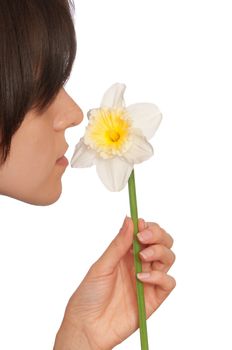 woman holding white narcissus in the hand