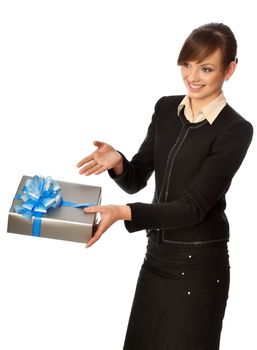 Woman giving a silver box with blue bow as a gift